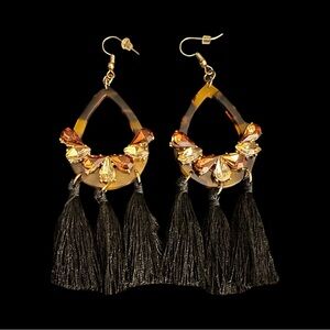 Tortoiseshell Tassel Earrings Brown Black Fringe Rhinestone Detail
